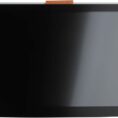 Glossy black display panel with a large gray screen and curved bottom edge.